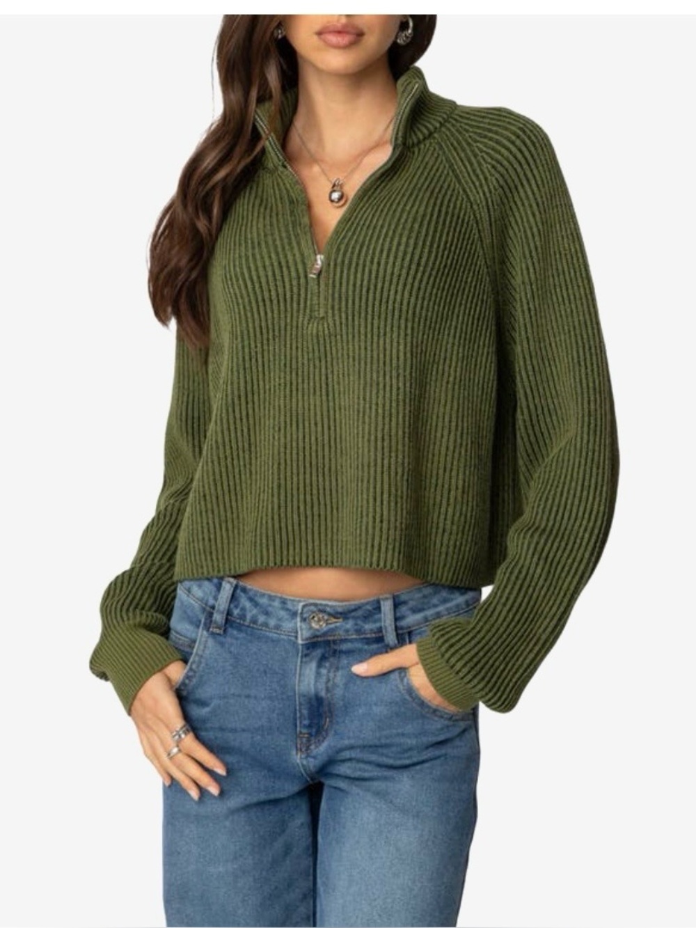 Edikted Green Ribbed Cotton Quarter Zip Sweater Size M